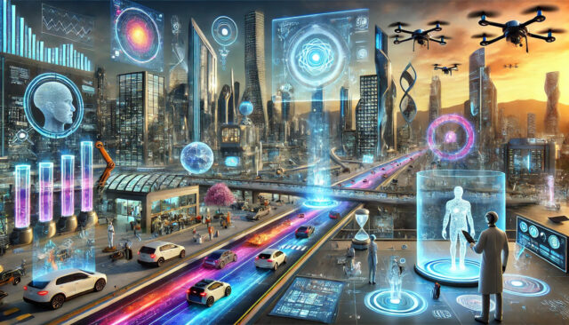 DALL·E 2024-07-06 09.13.49 - A futuristic scene showcasing exponential technologies. The background features a smart city with sleek, tall buildings made of glass and metal, inter