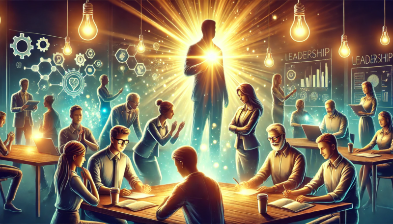 DALL·E 2024-07-22 19.45.59 - A scene depicting a leader guiding and empowering a diverse group of individuals in various roles. The leader is in the background, offering support a