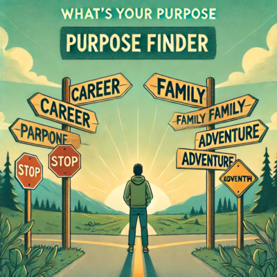 DALL·E 2024-07-23 09.28.27 - A square image titled 'What's Your Purpose_ Purpose Finder'. The image should depict a person standing at a crossroads with different signs pointing i