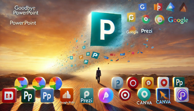 DALL·E 2024-08-22 09.24.32 - A wide 3x2 image symbolizing 'Goodbye PowerPoint.' The scene features the PowerPoint logo, subtly fading or being carried away in the wind, representi