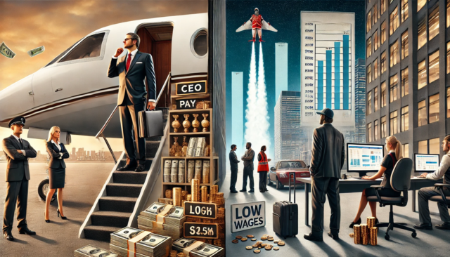 DALL·E 2024-09-08 17.03.45 - An image depicting the stark contrast between executive pay and lower-tier employee wages. On one side, a high-paid CEO dressed in a business suit is