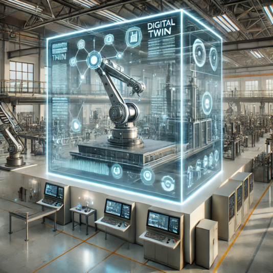 DALL·E 2024-10-09 09.43.07 - A futuristic industrial setting showcasing a digital twin concept, where a virtual 3D replica of a large machine or robotic arm is displayed on a digi